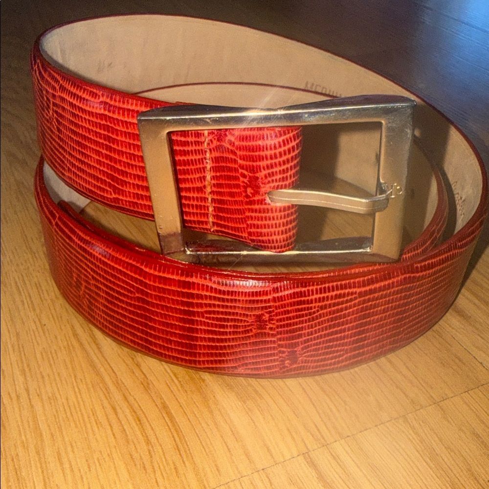 Vintage Calvin Klein Red Lizard Grain Leather Belt Silver Buckle Medium